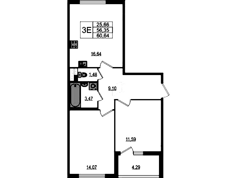 2-комнатная квартира 56.35 м², 4/4 эт., ЖК «Любоград в Стрельне»